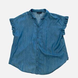 Women's 18 / 20 Blue Collared Casual Ruffled Cap Sleeve Cotton Blend PLUS Blouse